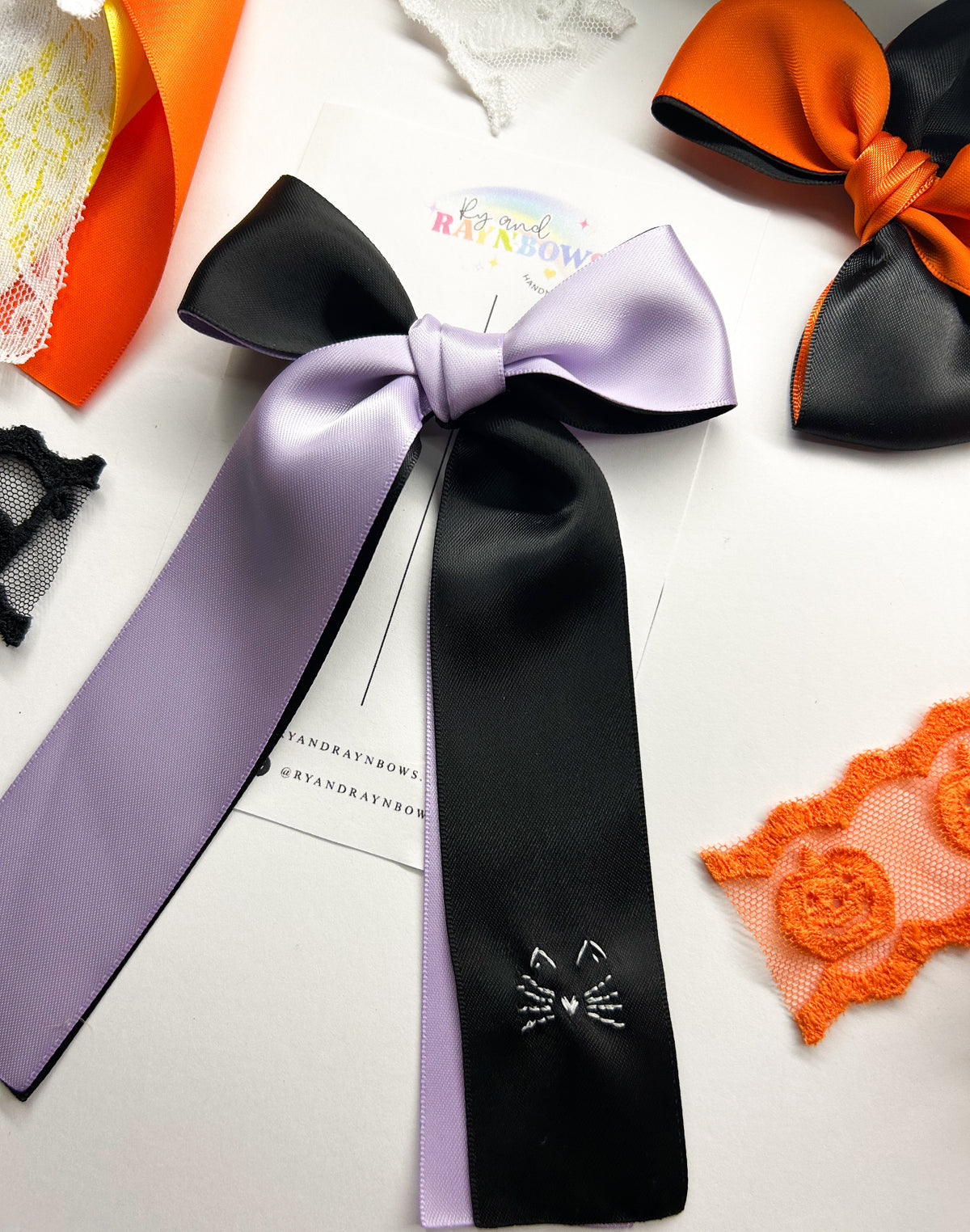 Black & Purple Satin Bow - Cat face embroidery