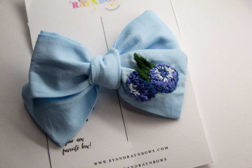 Blueberry Hand Embroidered 4” Bow
