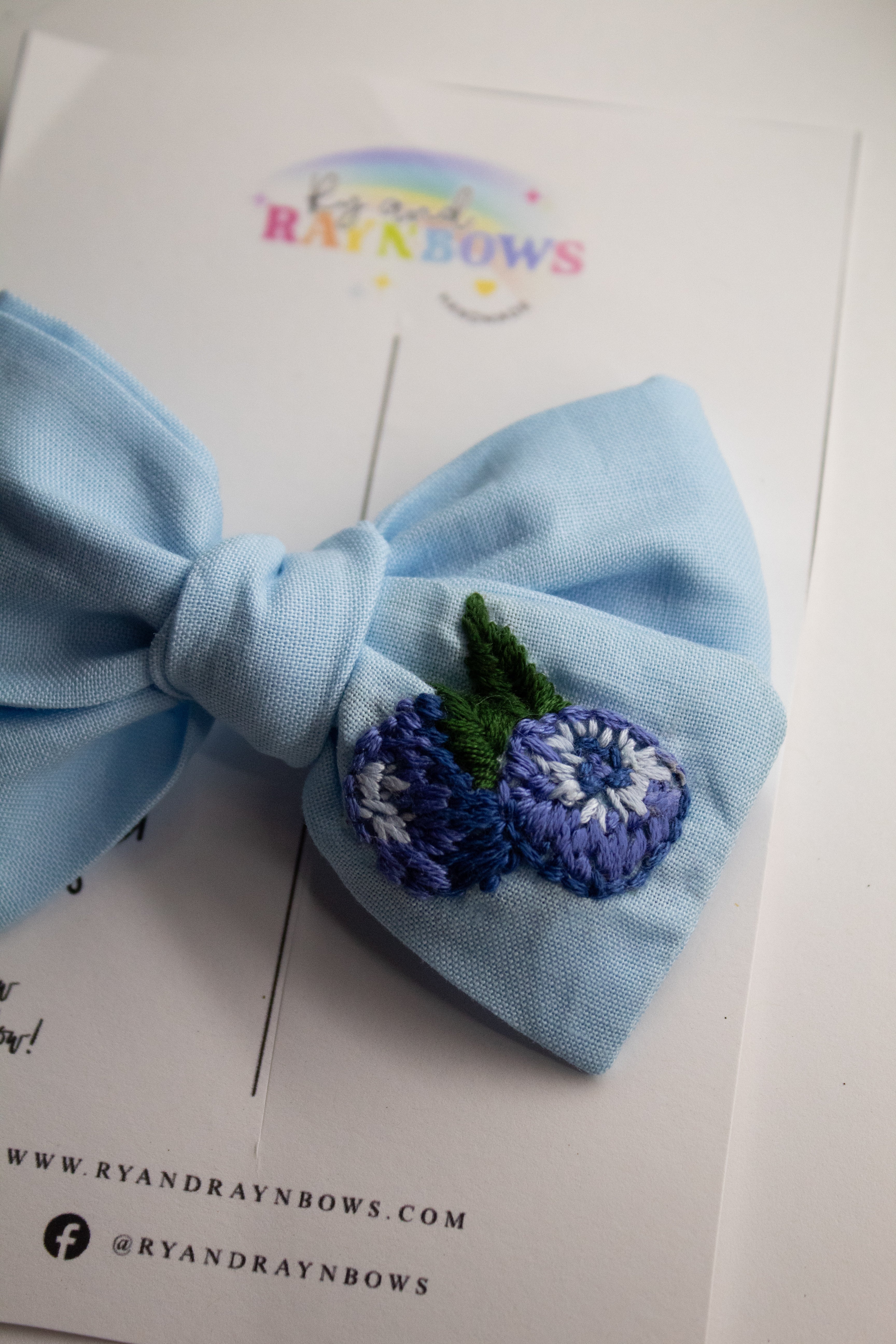 Blueberry Hand Embroidered 4” Bow